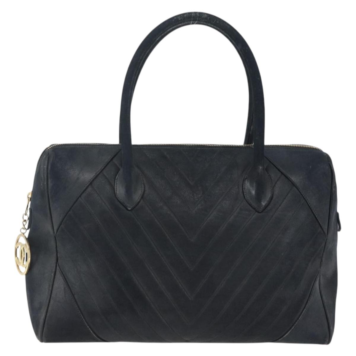 CHANEL Hand Bag Lamb Skin Black Gold CC Auth bs11142