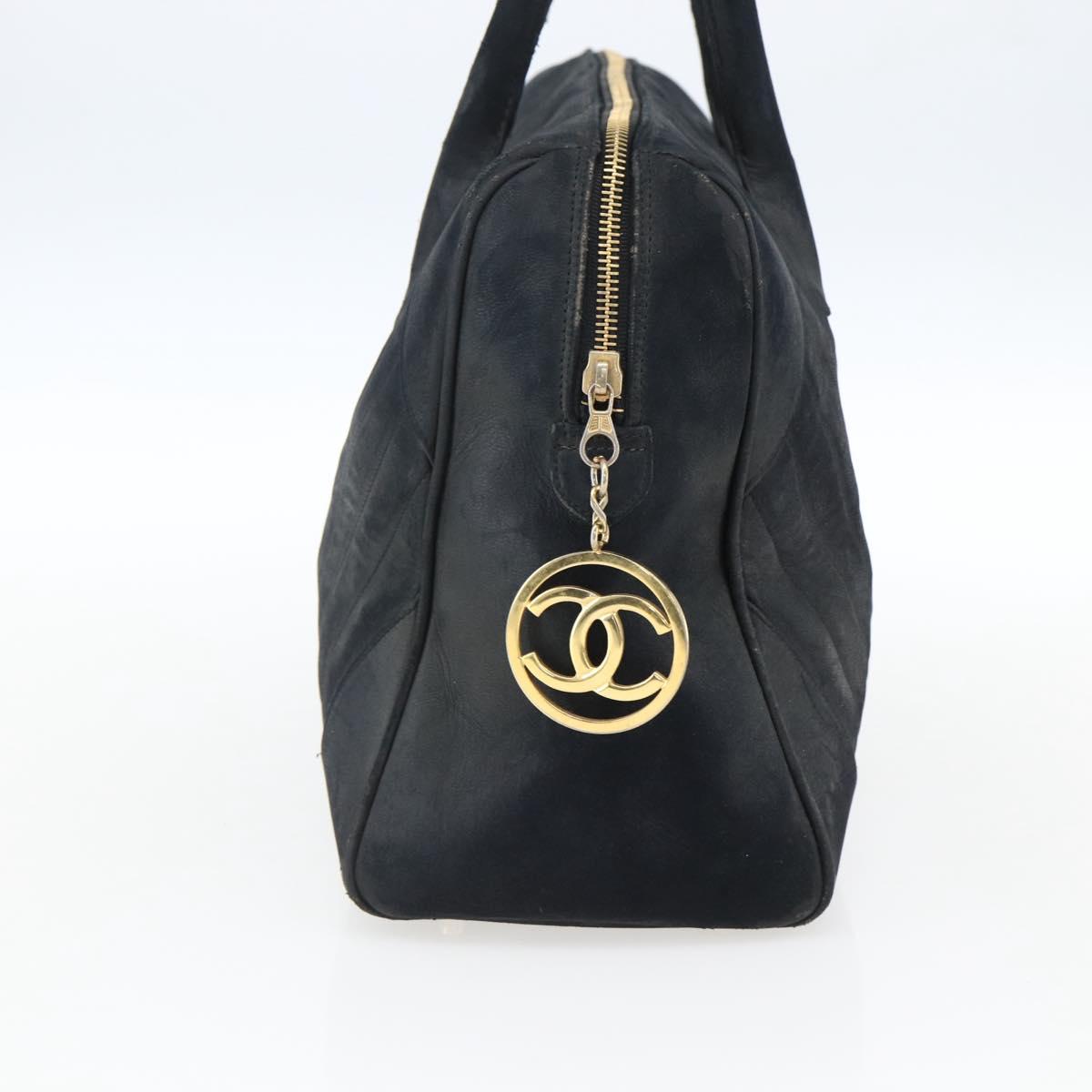 CHANEL Hand Bag Lamb Skin Black Gold CC Auth bs11142