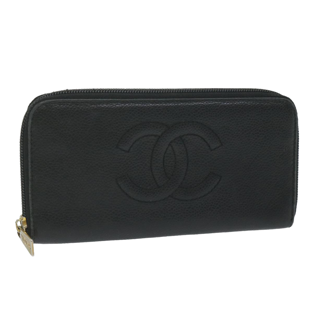 CHANEL Long Wallet Caviar Skin Black CC Auth bs11198