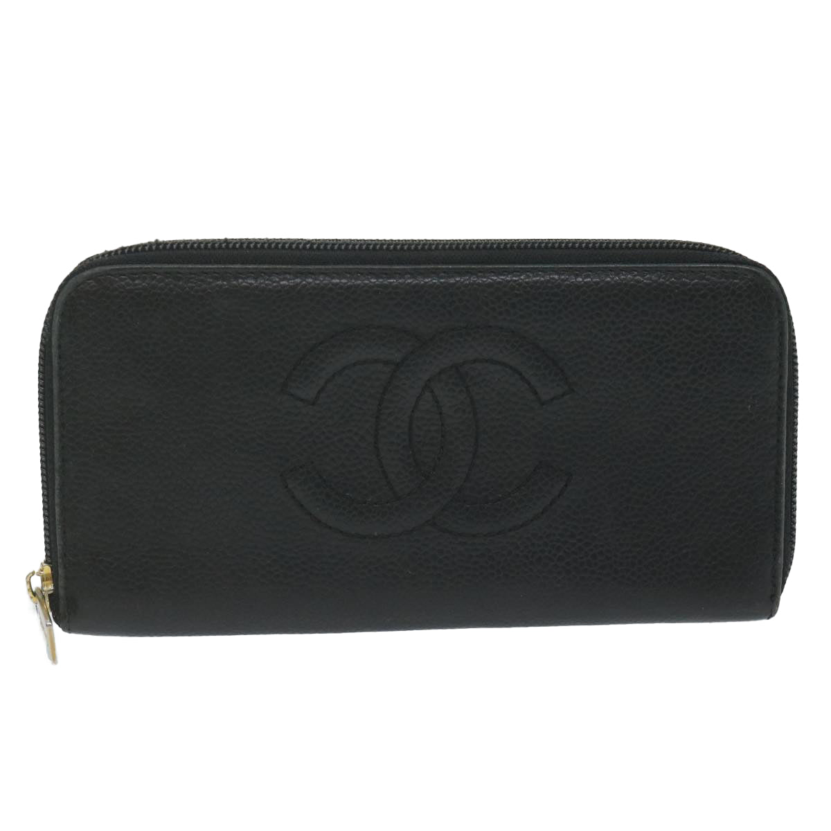 CHANEL Long Wallet Caviar Skin Black CC Auth bs11198