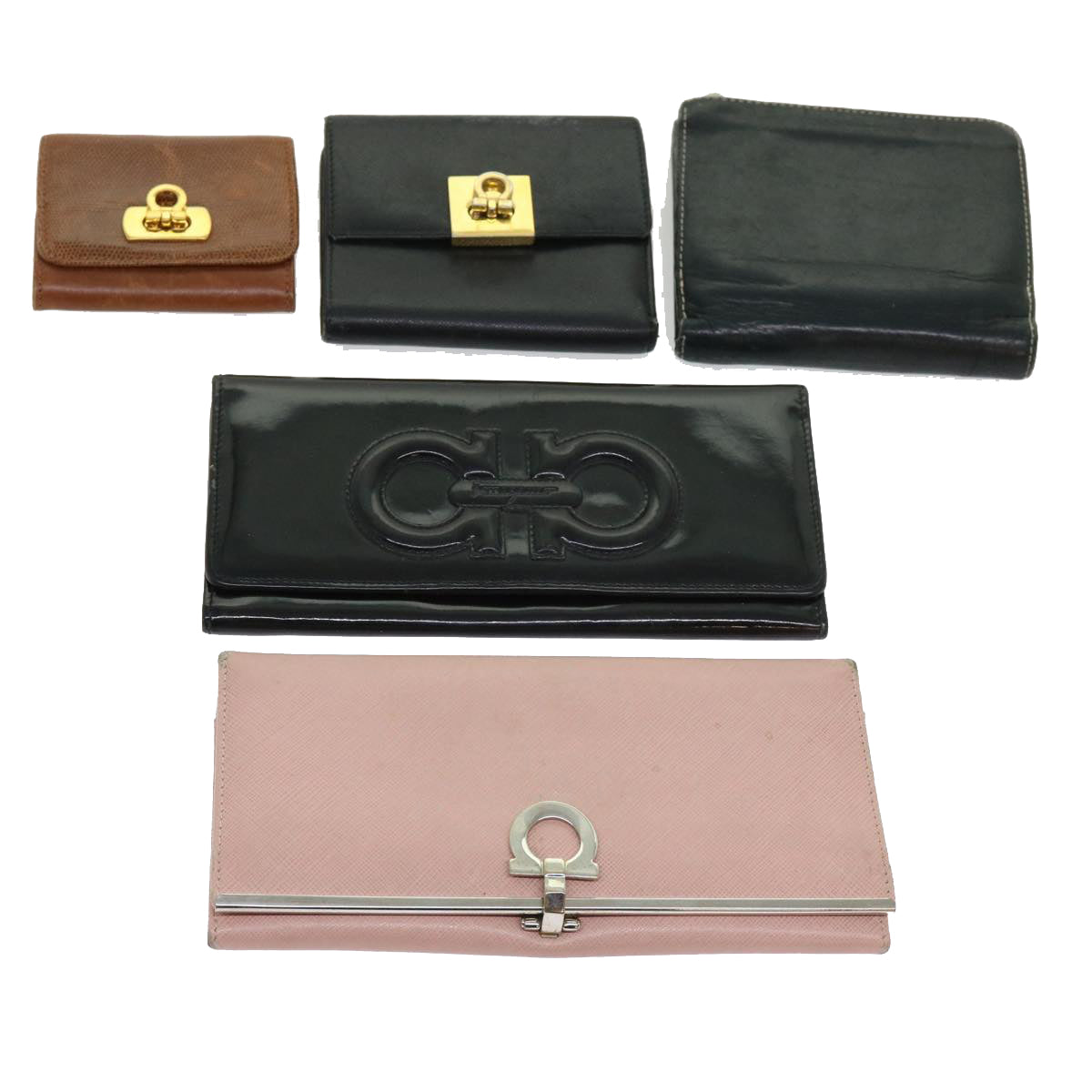 Salvatore Ferragamo Gancini Wallet Leather 5Set Black Pink Brown Auth bs11209