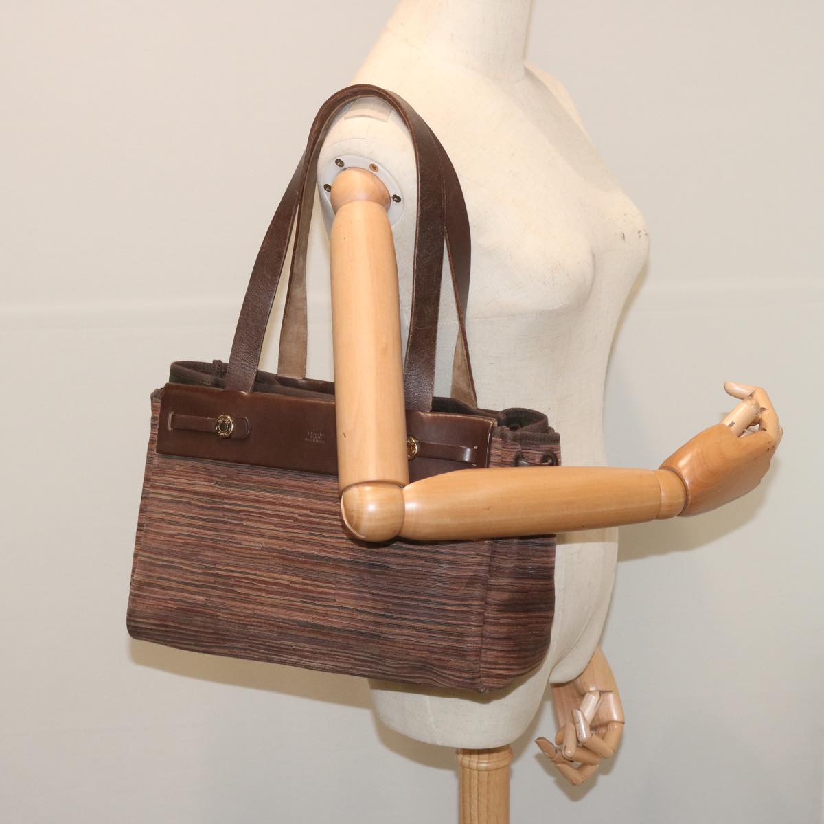 HERMES Her Bag Kabas PM Tote Bag Canvas Brown Auth bs11235