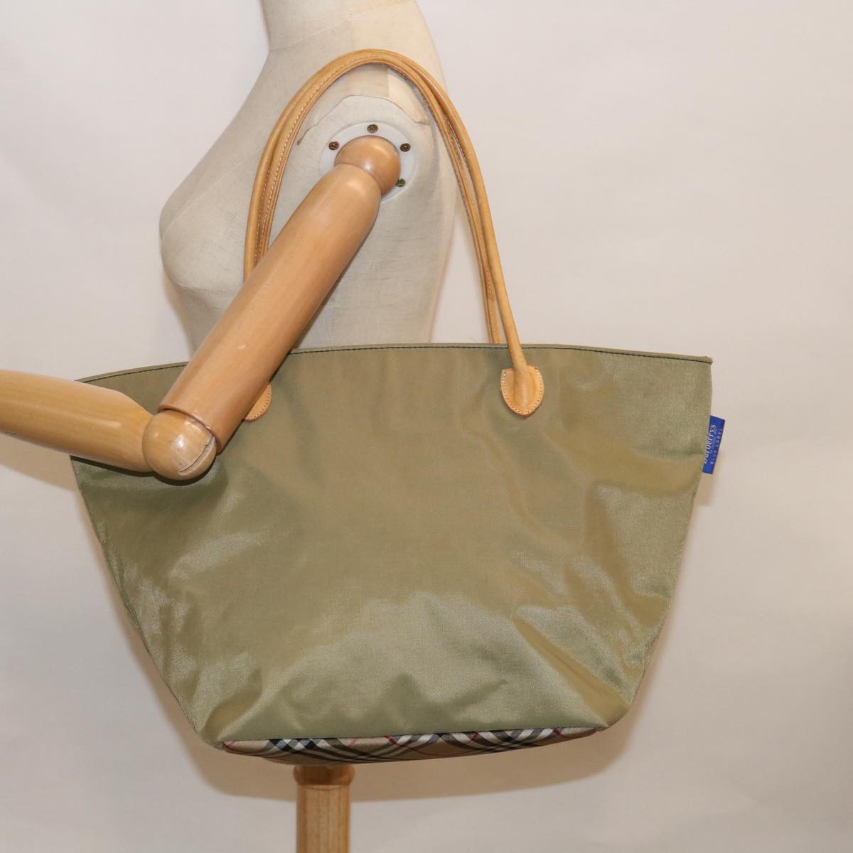 Burberrys Blue Label Tote Bag Nylon Khaki Auth bs11303