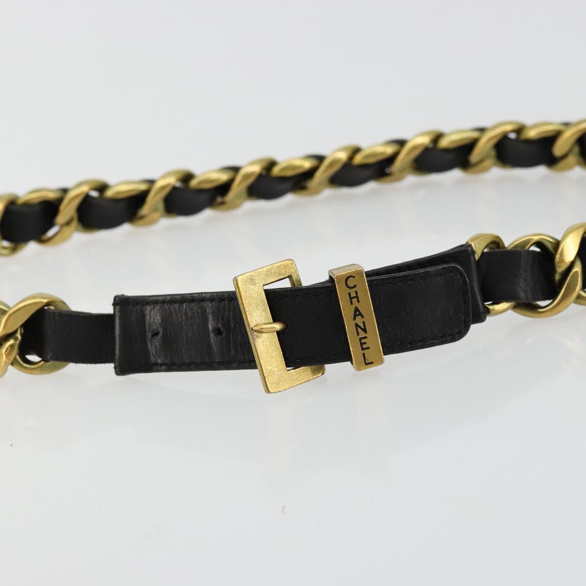 CHANEL Belt Leather 25.6""-27.6"" Gold Tone Black CC Auth bs11333
