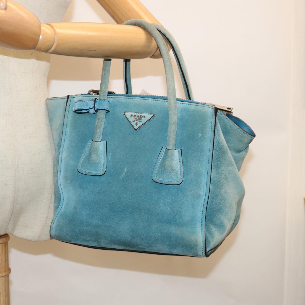 PRADA Hand Bag Suede Blue Auth bs11409