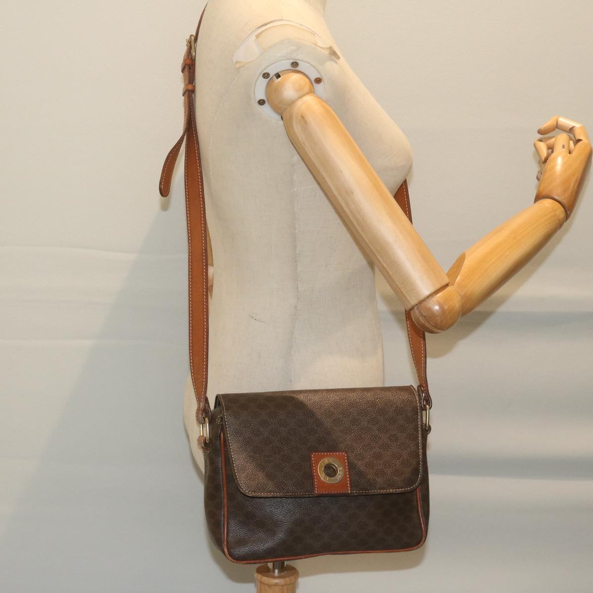 CELINE Macadam Canvas Shoulder Bag PVC Leather Brown Auth bs11412