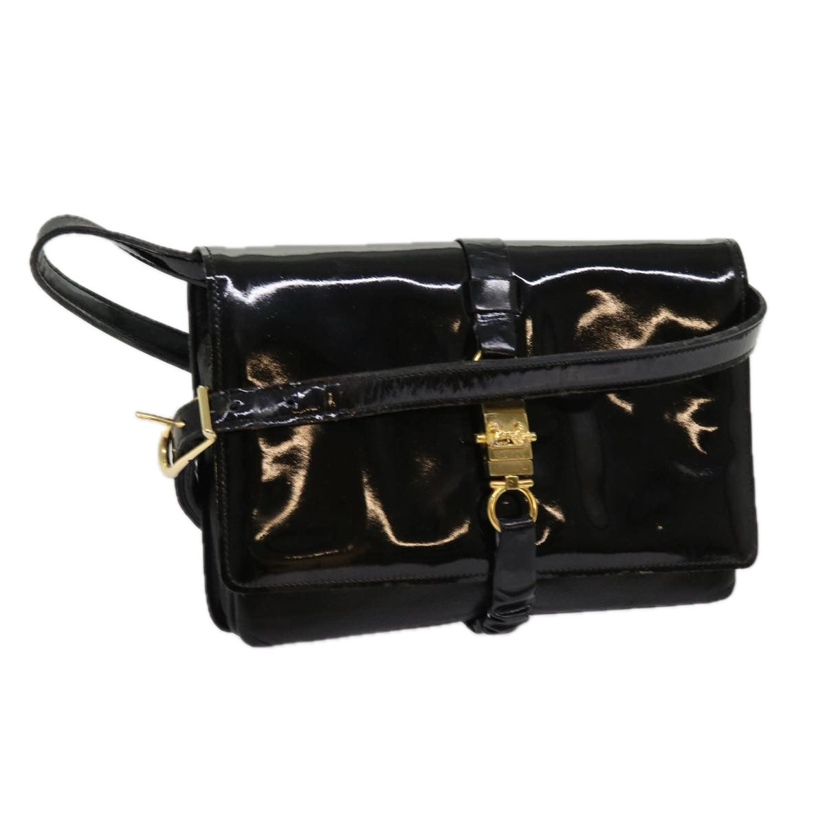 CELINE Shoulder Bag Patent leather Black Auth bs11429