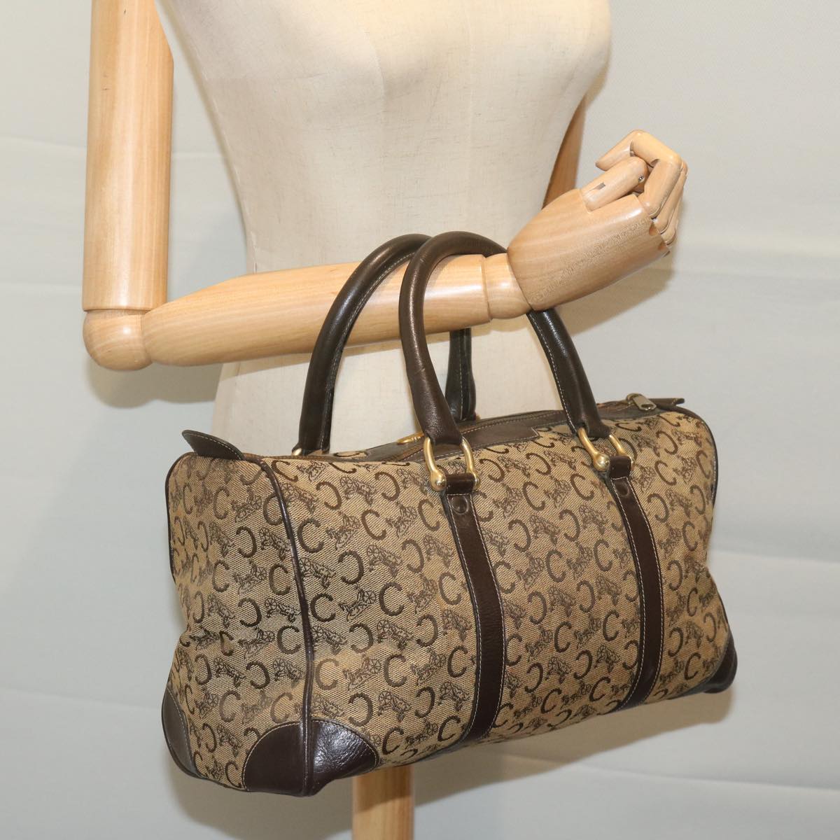 CELINE C Macadam Canvas Boston Bag Brown Auth bs11460