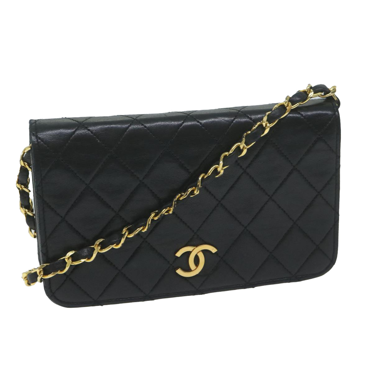 CHANEL Matelasse Chain Shoulder Bag Lamb Skin Black CC Auth bs11475