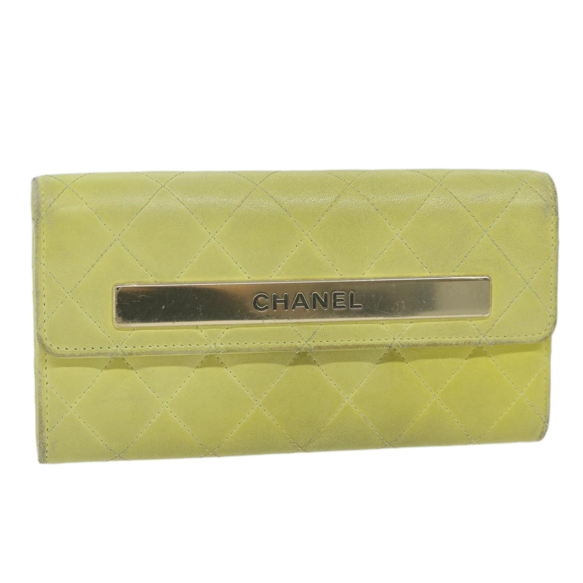 CHANEL Matelasse Long Wallet Leather Yellow CC Auth bs11483