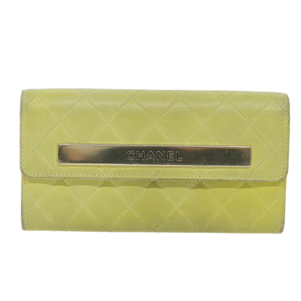 CHANEL Matelasse Long Wallet Leather Yellow CC Auth bs11483