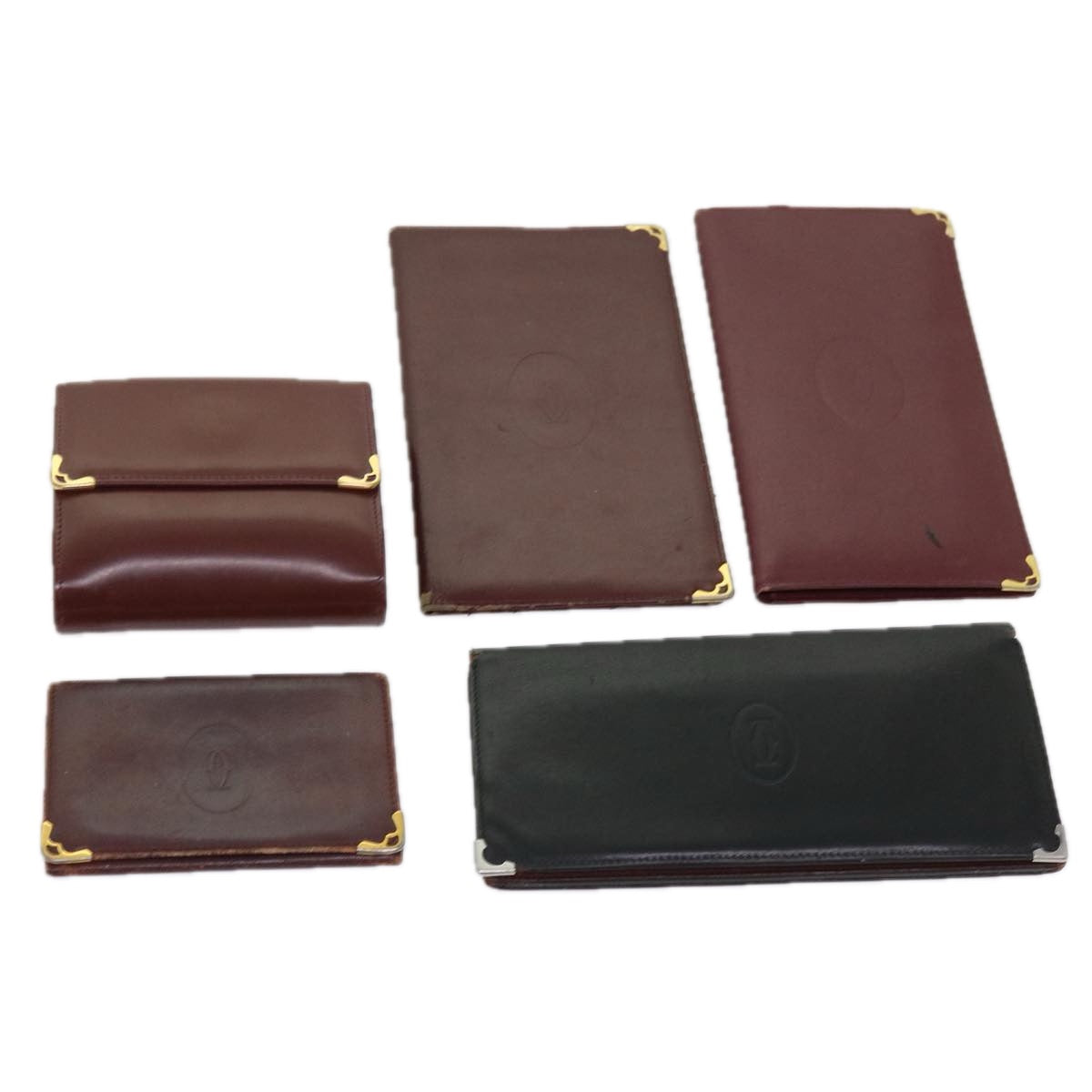 CARTIER Wallet Leather 5Set Wine Red Black Auth bs11525