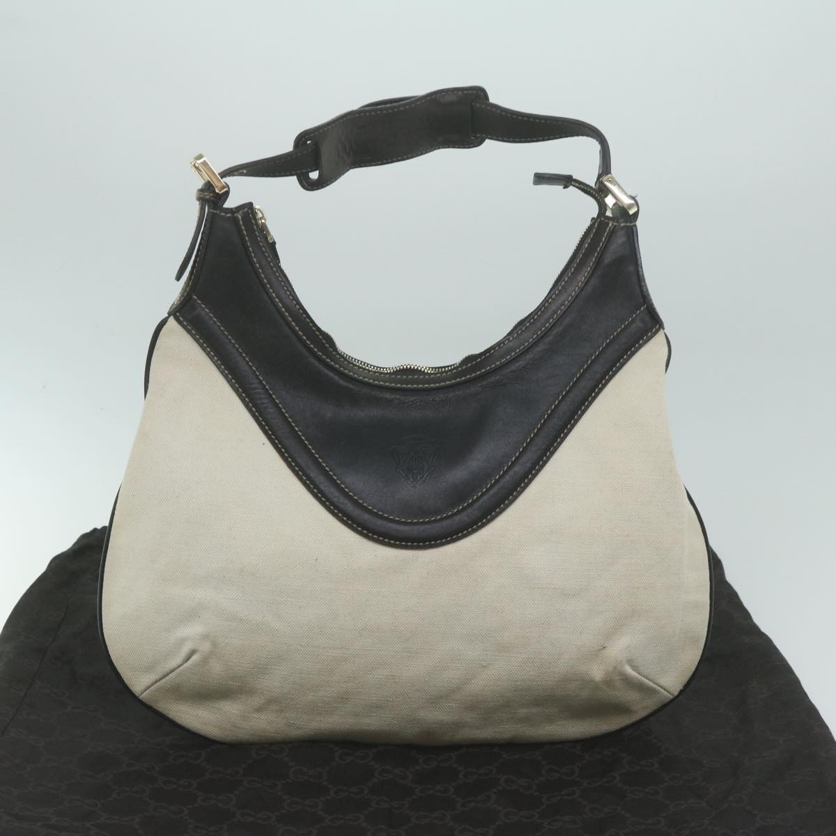 GUCCI Shoulder Bag Canvas Beige Black Auth bs11705