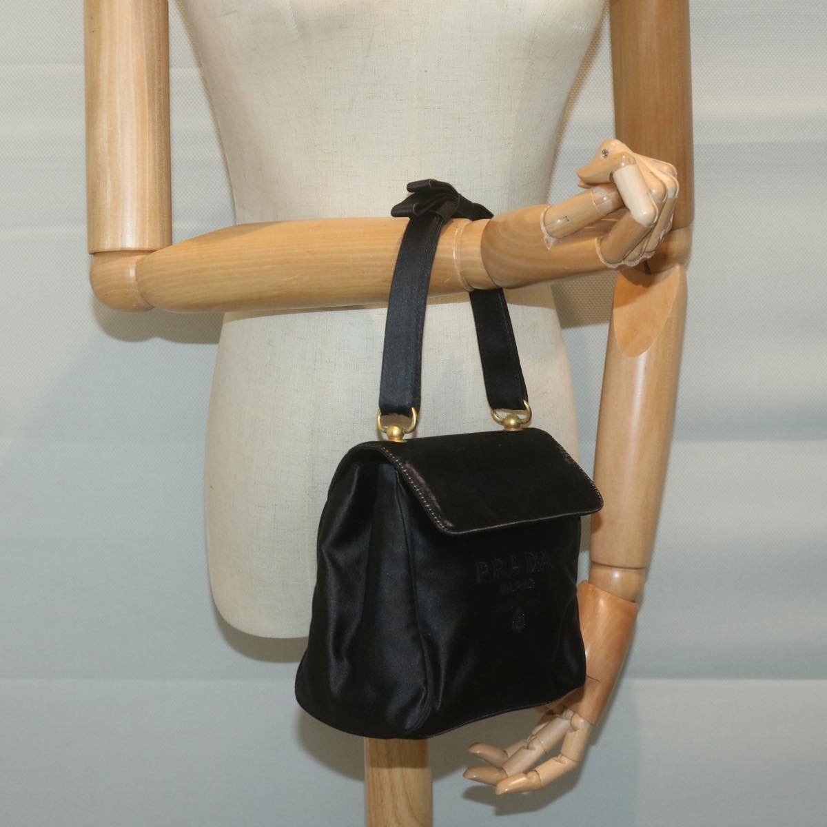 PRADA Hand Bag Satin Black Auth bs11856