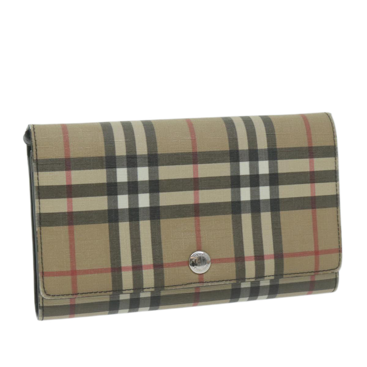 BURBERRY Nova Check Long Wallet PVC Leather Beige Auth bs11867