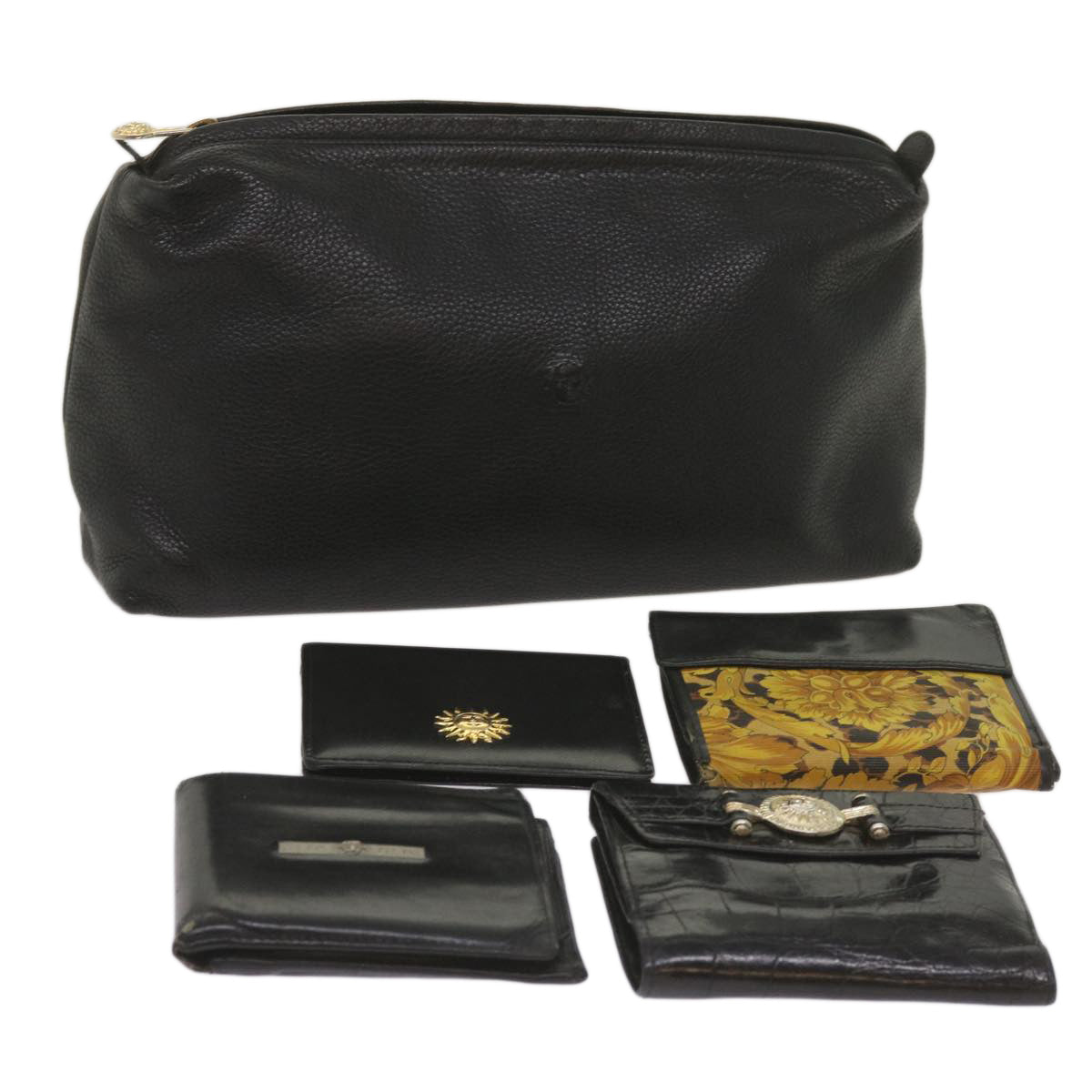 Gianni Versace Pouch Wallet Leather 5Set Black Auth bs11989