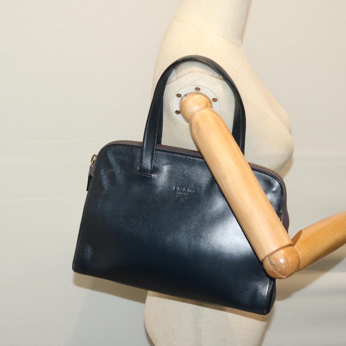 PRADA Hand Bag Leather Navy Auth bs11992