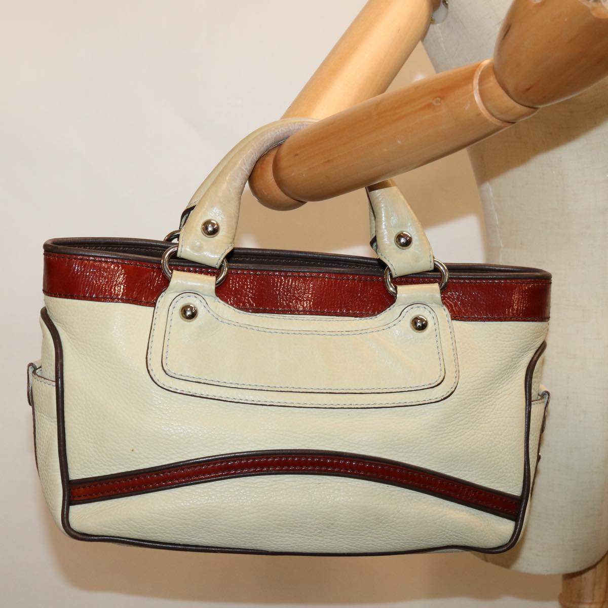 CELINE Hand Bag Leather Beige Auth bs12047