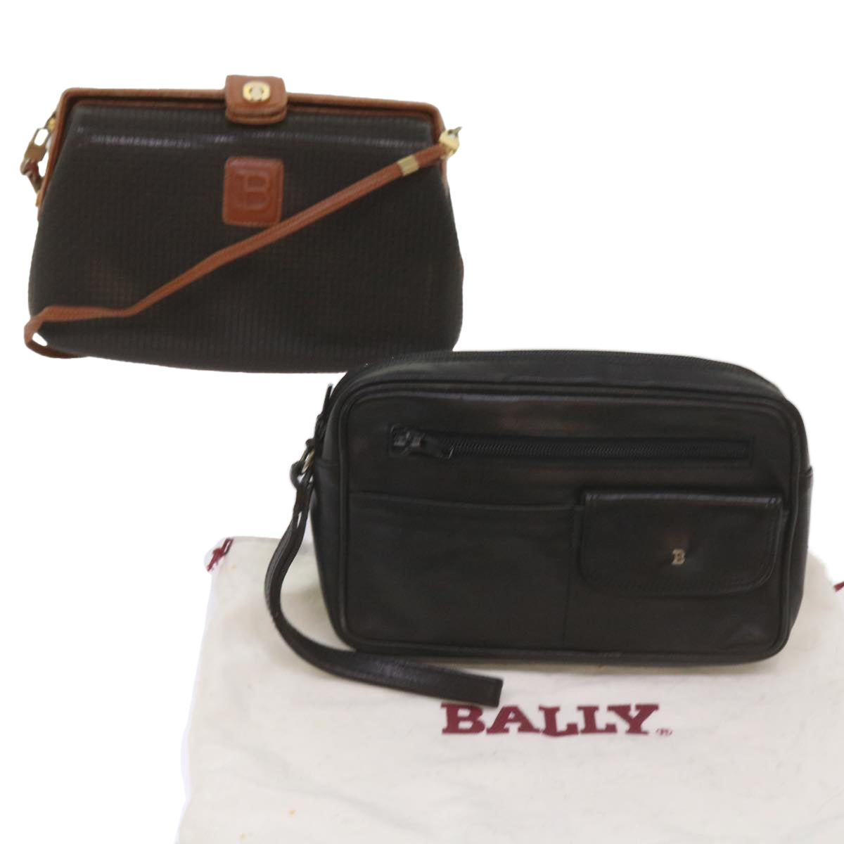 BALLY Clutch Shoulder Bag Leather 2Set Black Auth bs12075