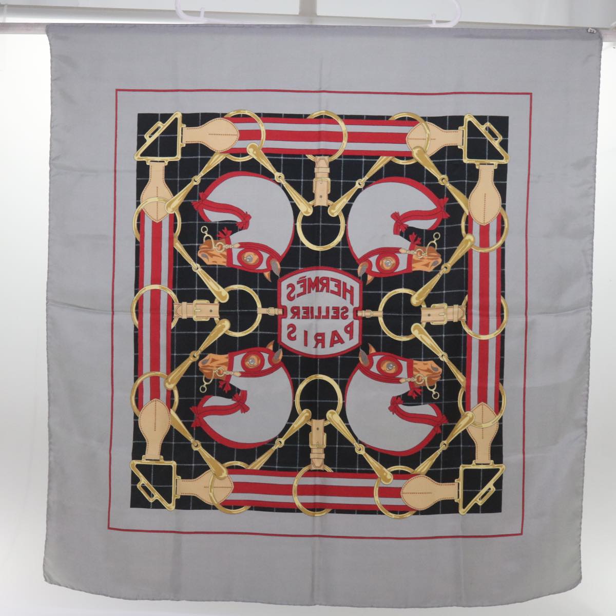 HERMES Carre 70 SILLIER Scarf Silk Gray Auth bs12083