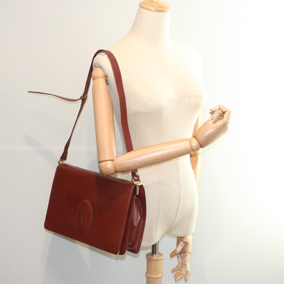 CARTIER Shoulder Bag Leather Wine Red Auth bs12128