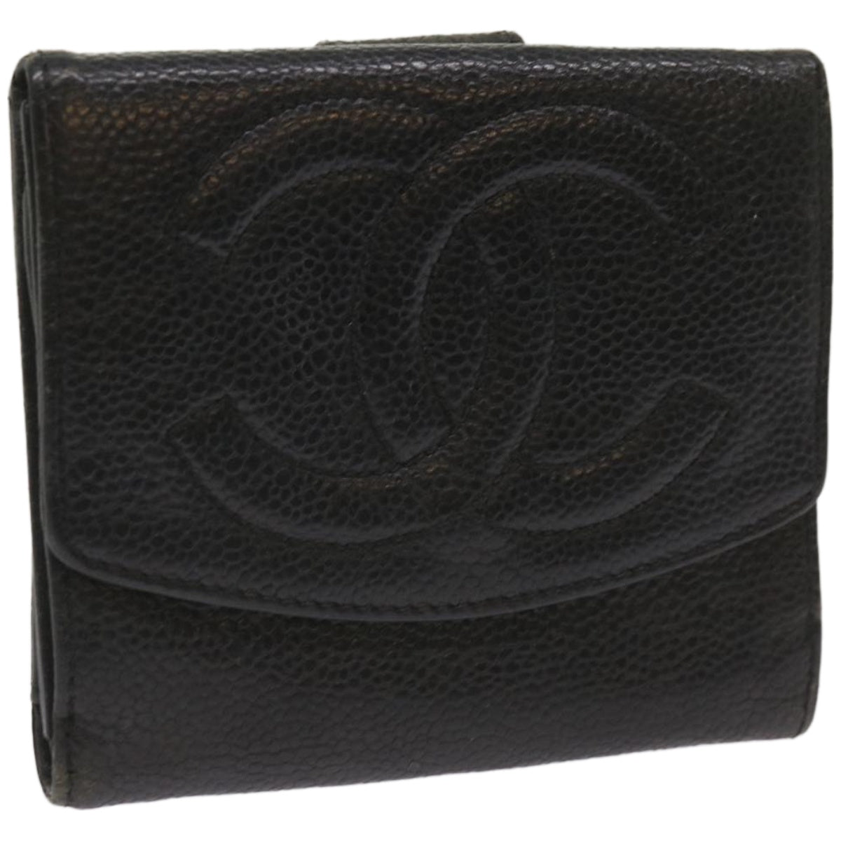 CHANEL Wallet Caviar Skin Black CC Auth bs12147