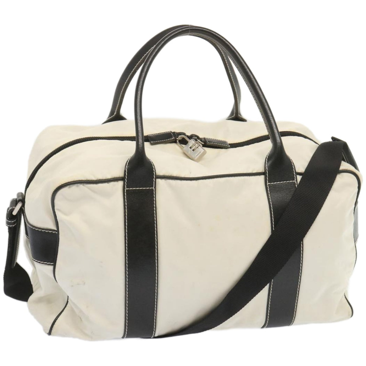 PRADA Boston Bag Nylon 2way White Black Auth bs12159