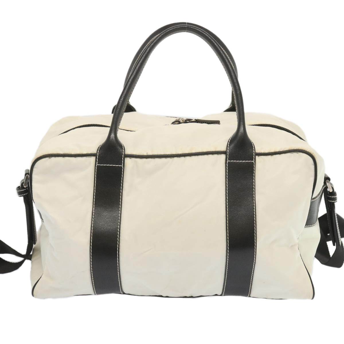 PRADA Boston Bag Nylon 2way White Black Auth bs12159