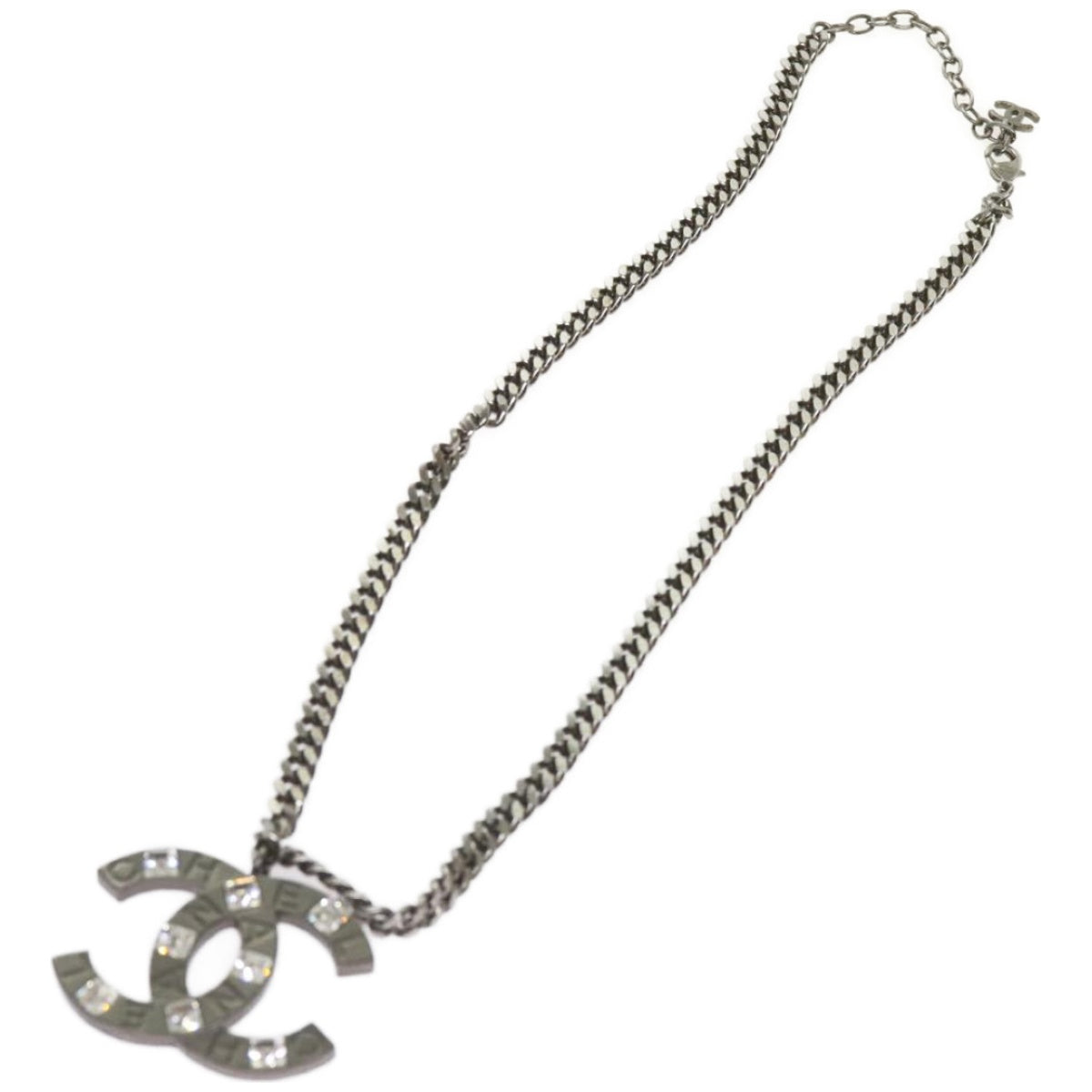 CHANEL Chain Necklace Silver CC Auth bs12166