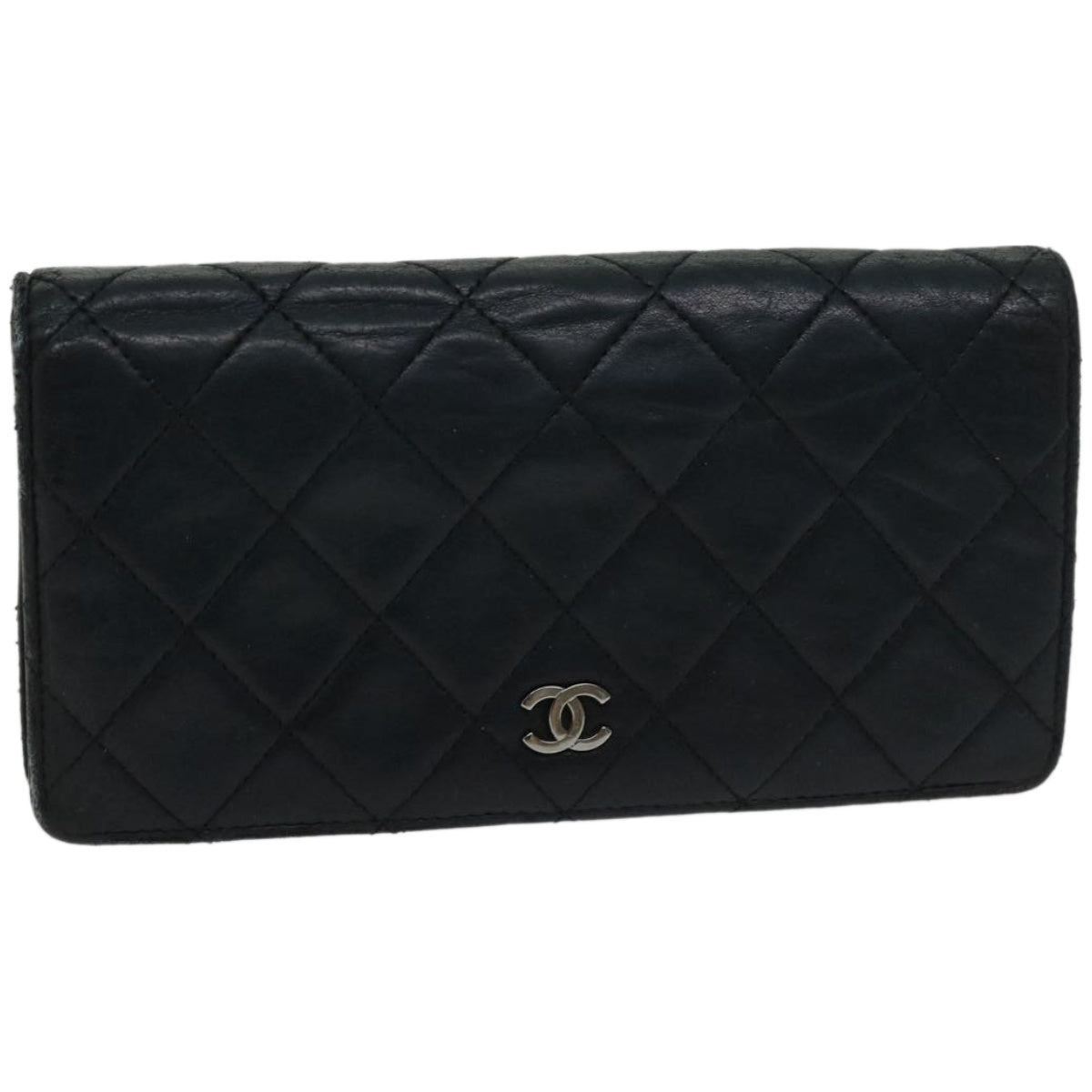 CHANEL Matelasse Long Wallet Lamb Skin Black CC Auth bs12181