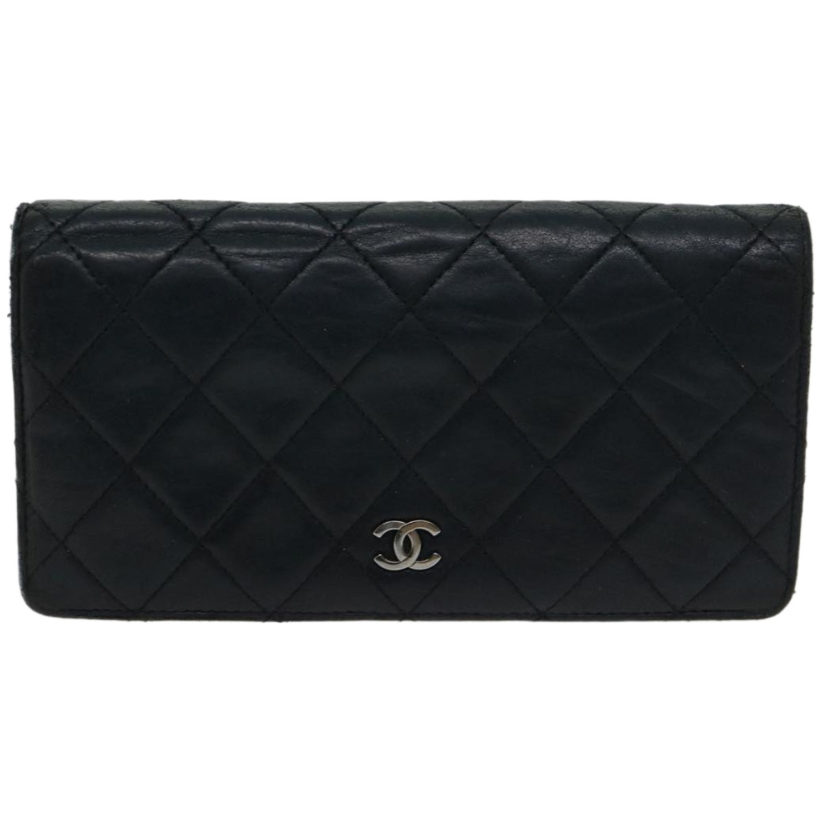 CHANEL Matelasse Long Wallet Lamb Skin Black CC Auth bs12181