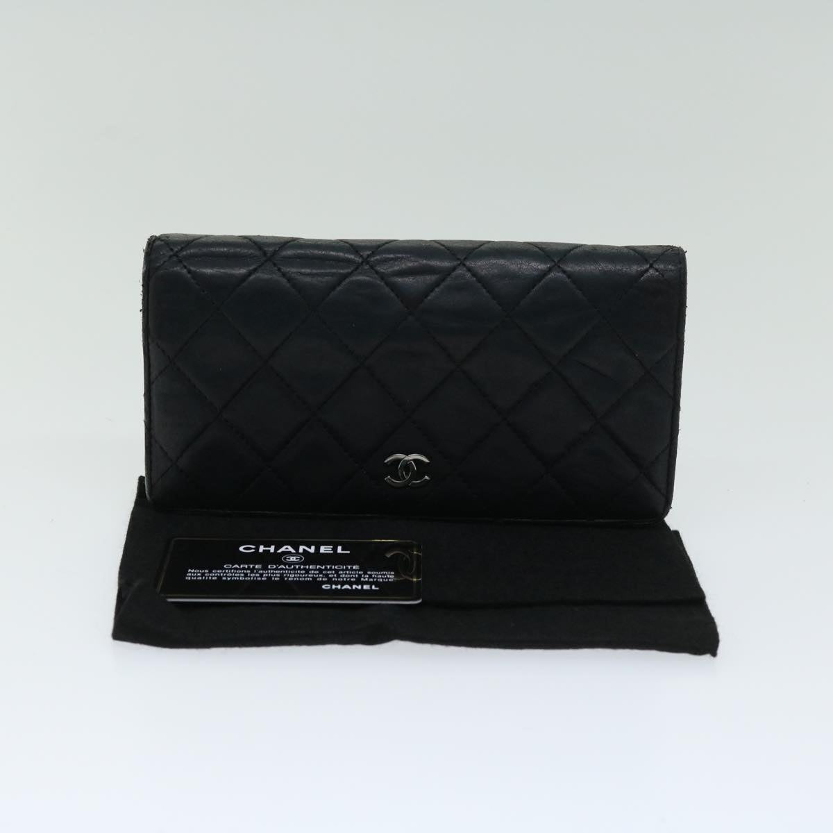 CHANEL Matelasse Long Wallet Lamb Skin Black CC Auth bs12181