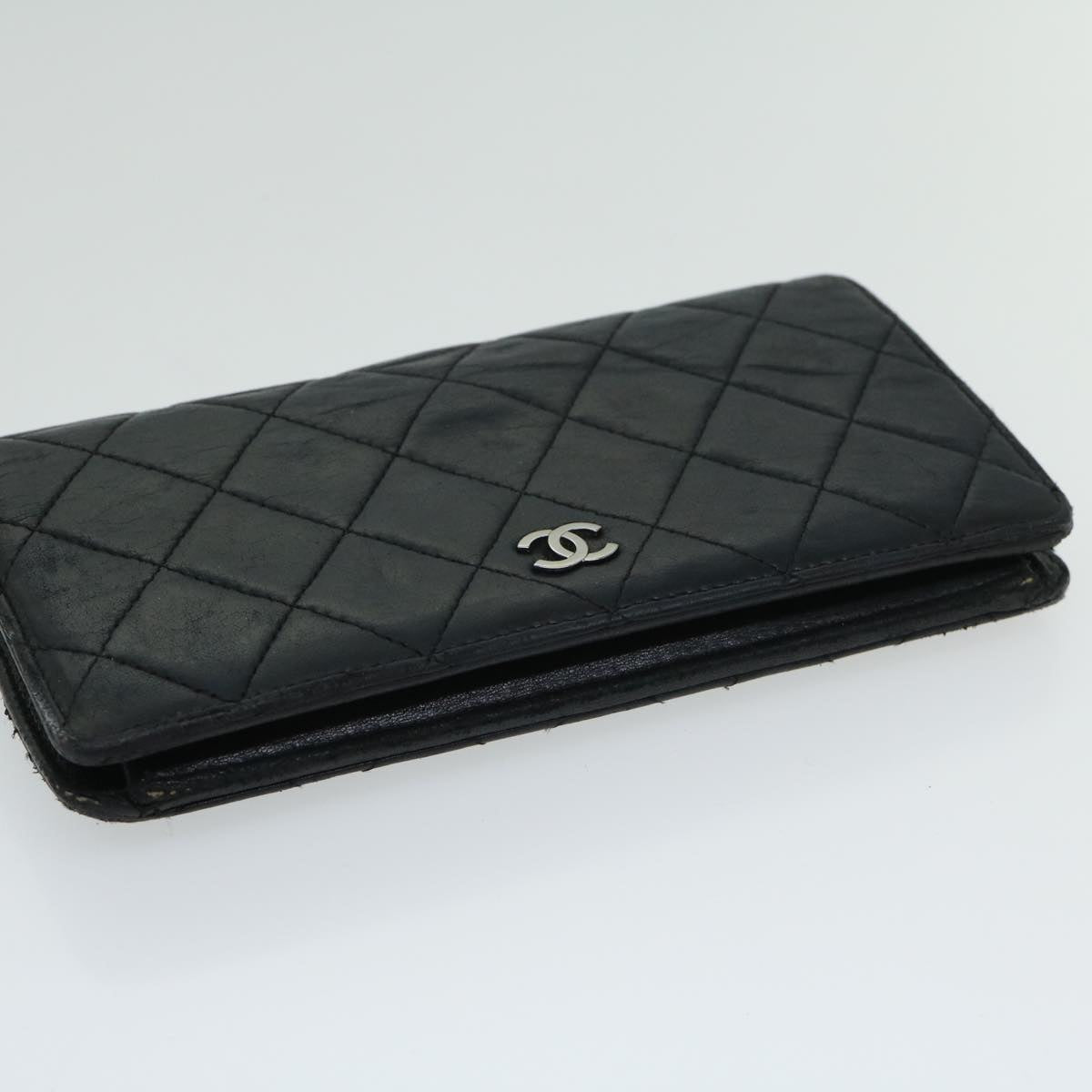 CHANEL Matelasse Long Wallet Lamb Skin Black CC Auth bs12181