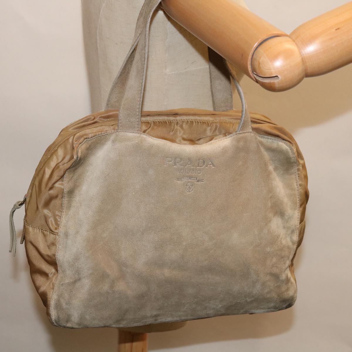 PRADA Hand Bag Suede Beige Auth bs12252