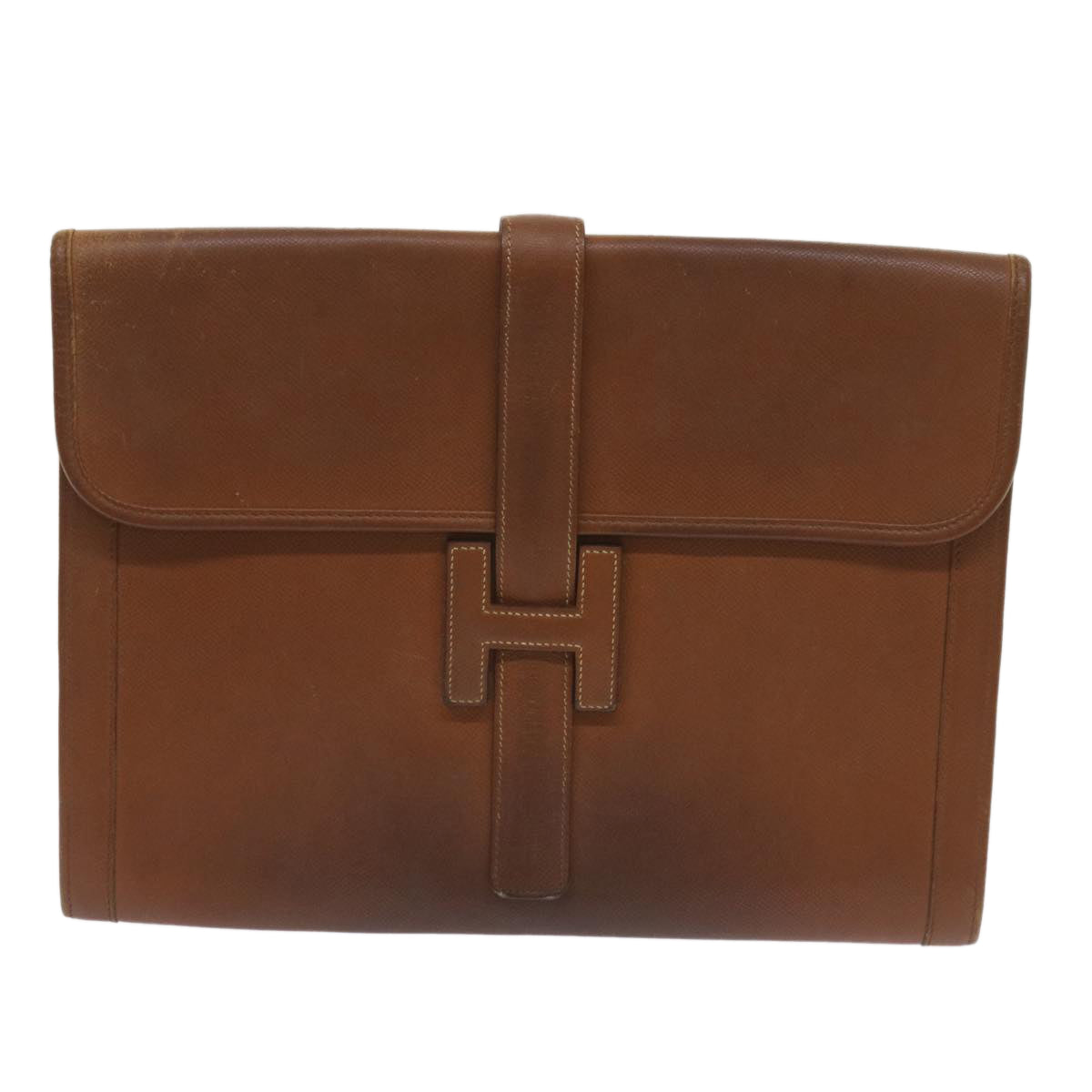 HERMES Clutch Bag Leather Brown Auth bs12425