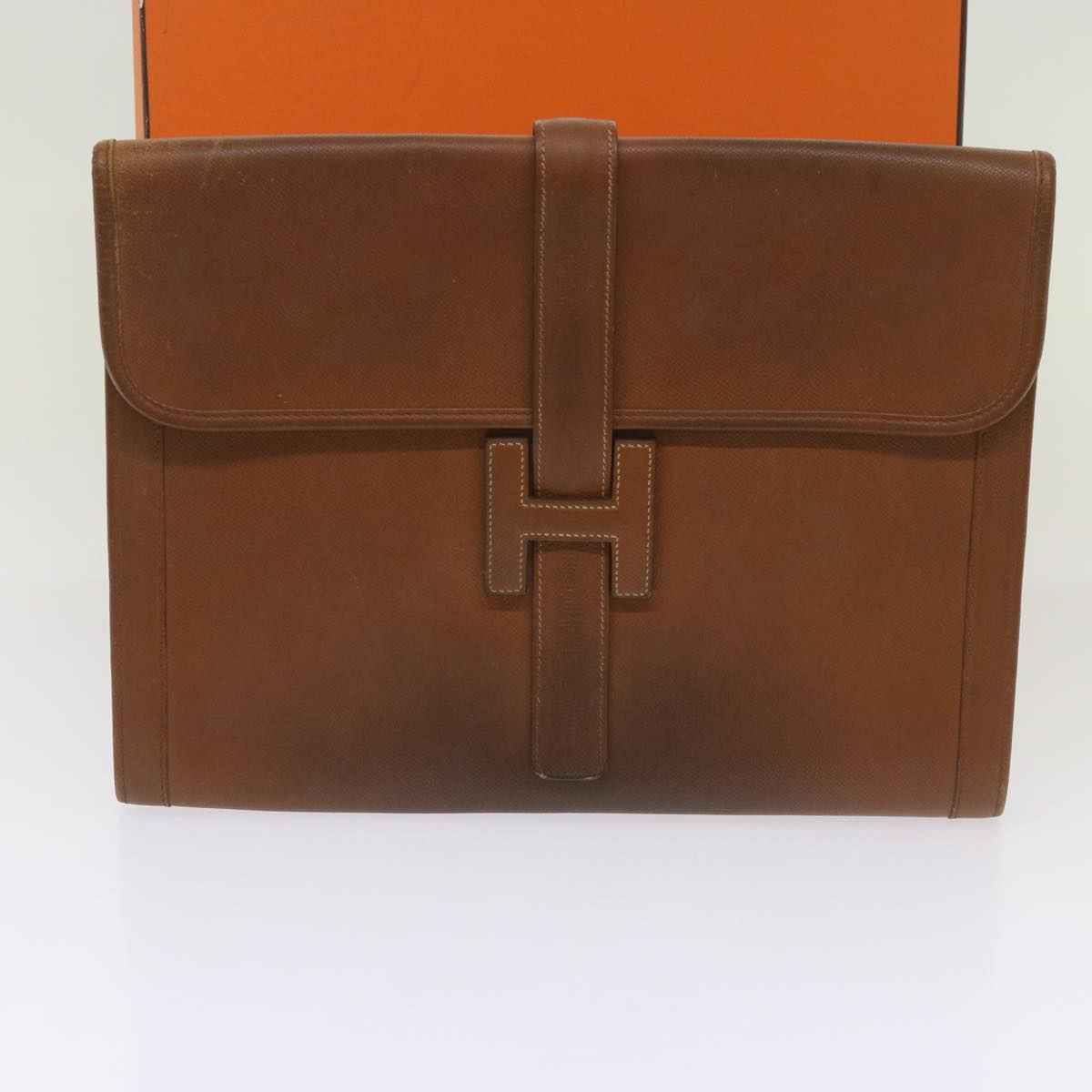 HERMES Clutch Bag Leather Brown Auth bs12425