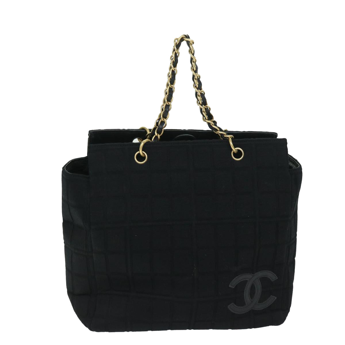 CHANEL Choco Bar Chain Hand Bag Cotton Black CC Auth bs12465