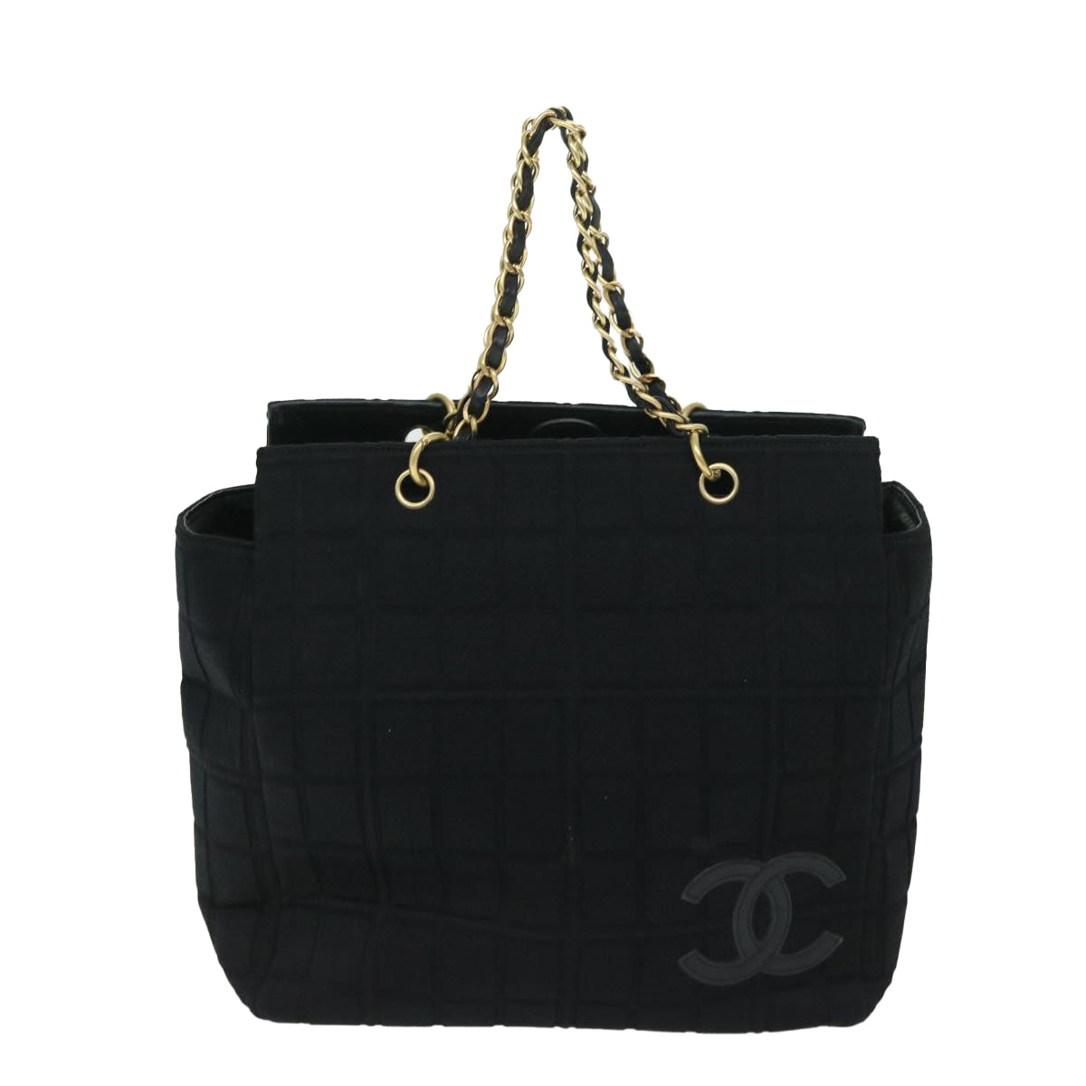 CHANEL Choco Bar Chain Hand Bag Cotton Black CC Auth bs12465