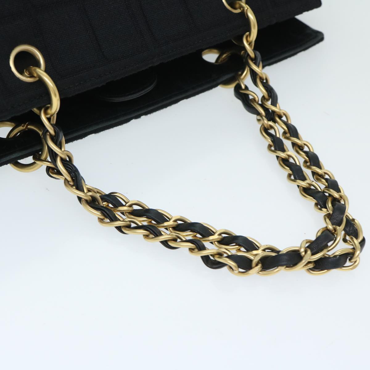 CHANEL Choco Bar Chain Hand Bag Cotton Black CC Auth bs12465