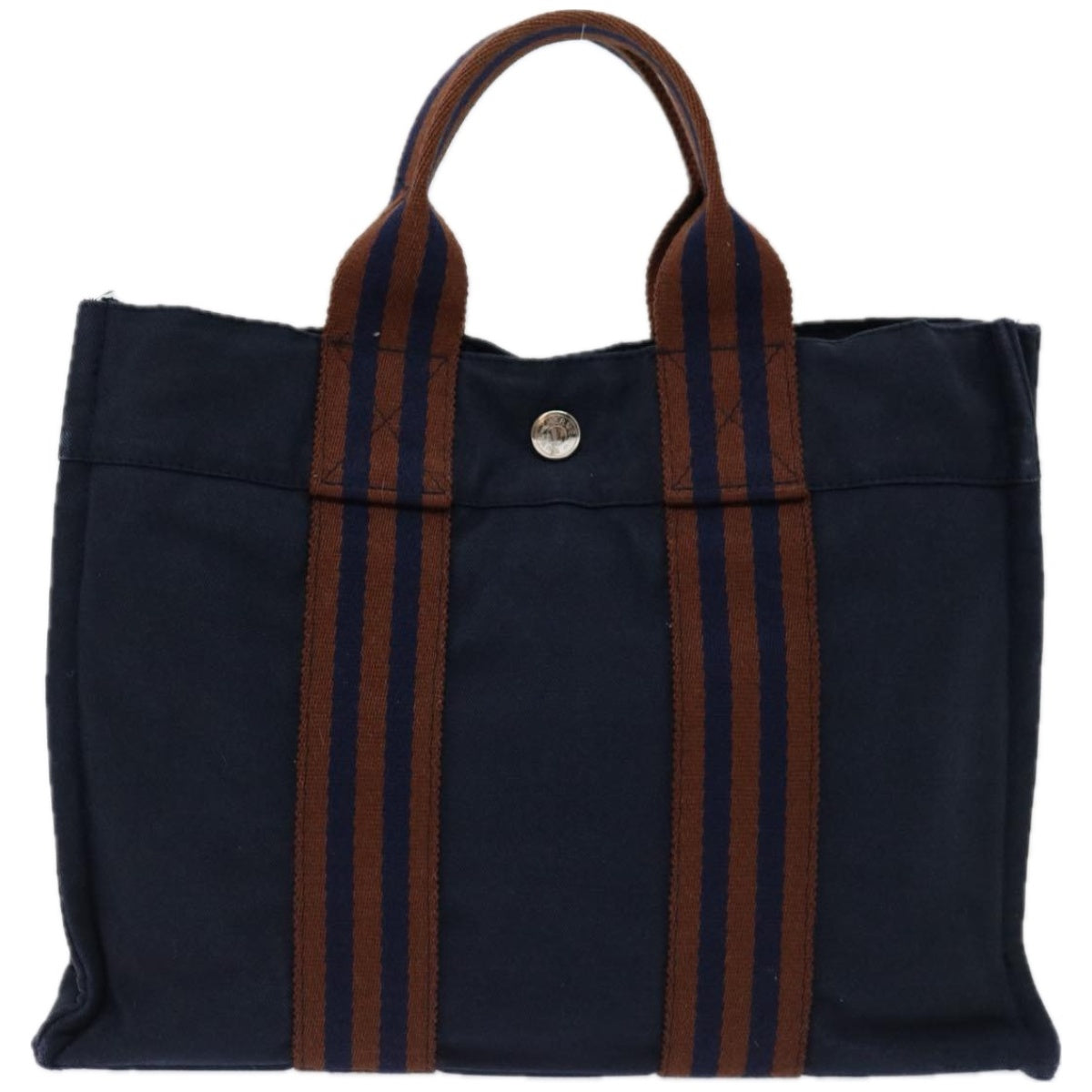 HERMES Fourre ToutPM Hand Bag Canvas Navy Brown Auth bs12475