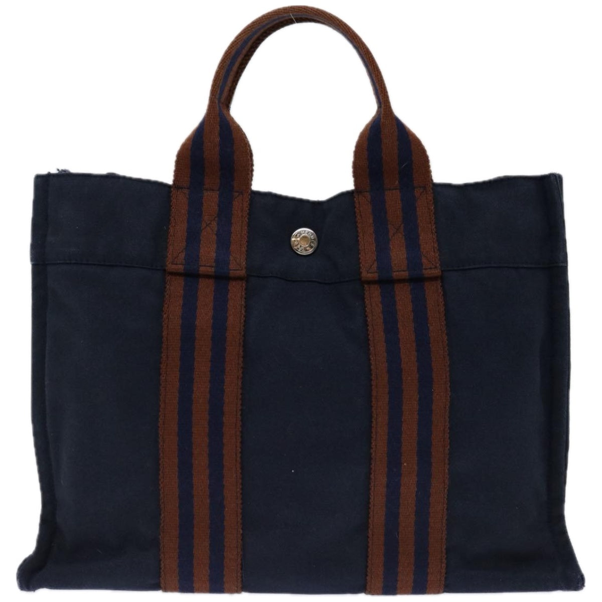 HERMES Fourre ToutPM Hand Bag Canvas Navy Brown Auth bs12475