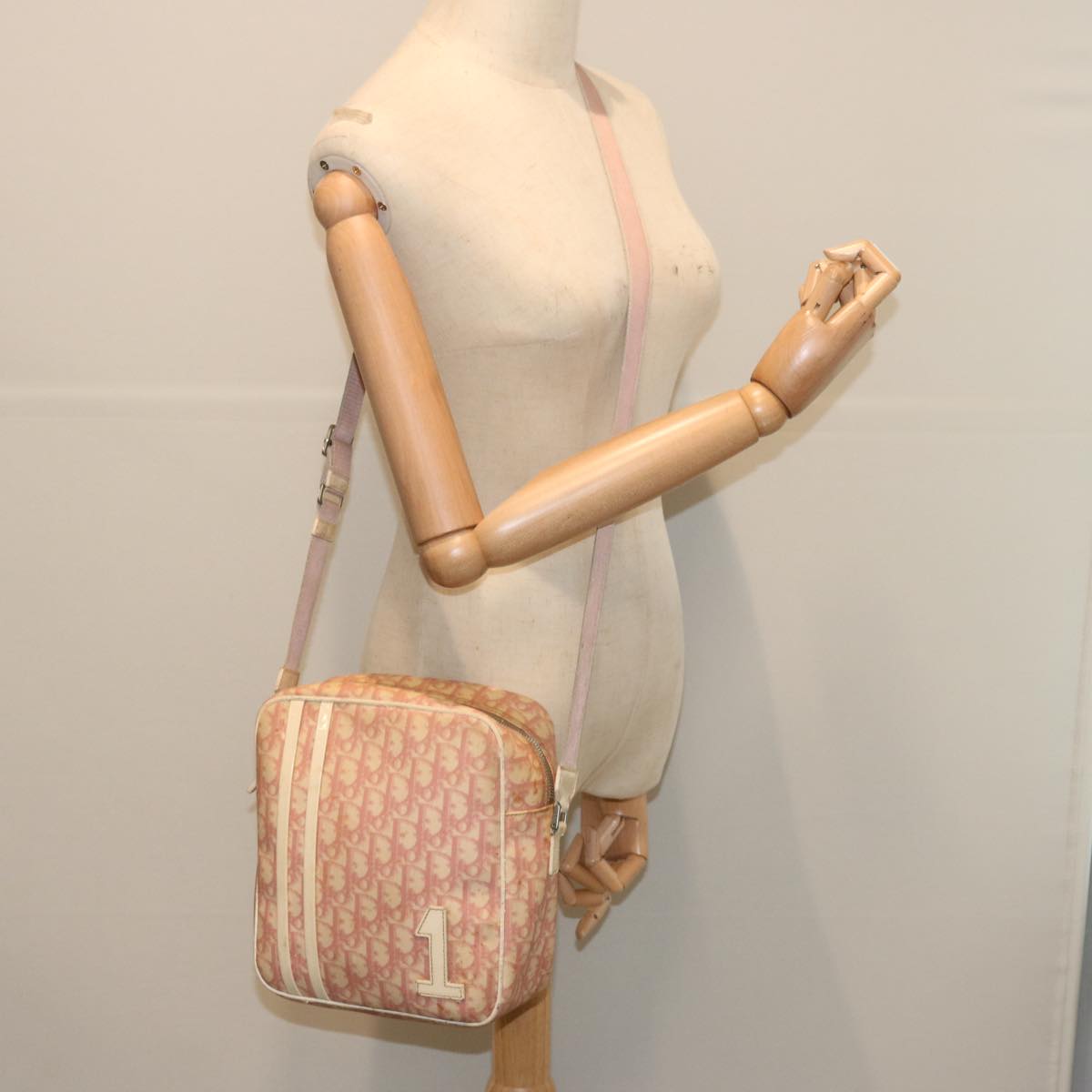 Christian Dior Trotter Canvas Shoulder Bag Pink Auth bs12512