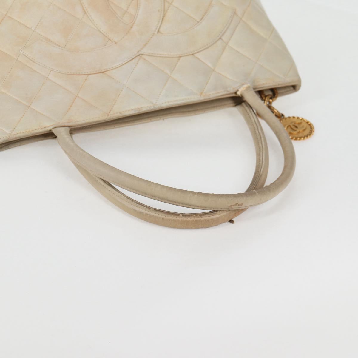 CHANEL Tote Bag Lamb Skin Beige CC Auth bs12535