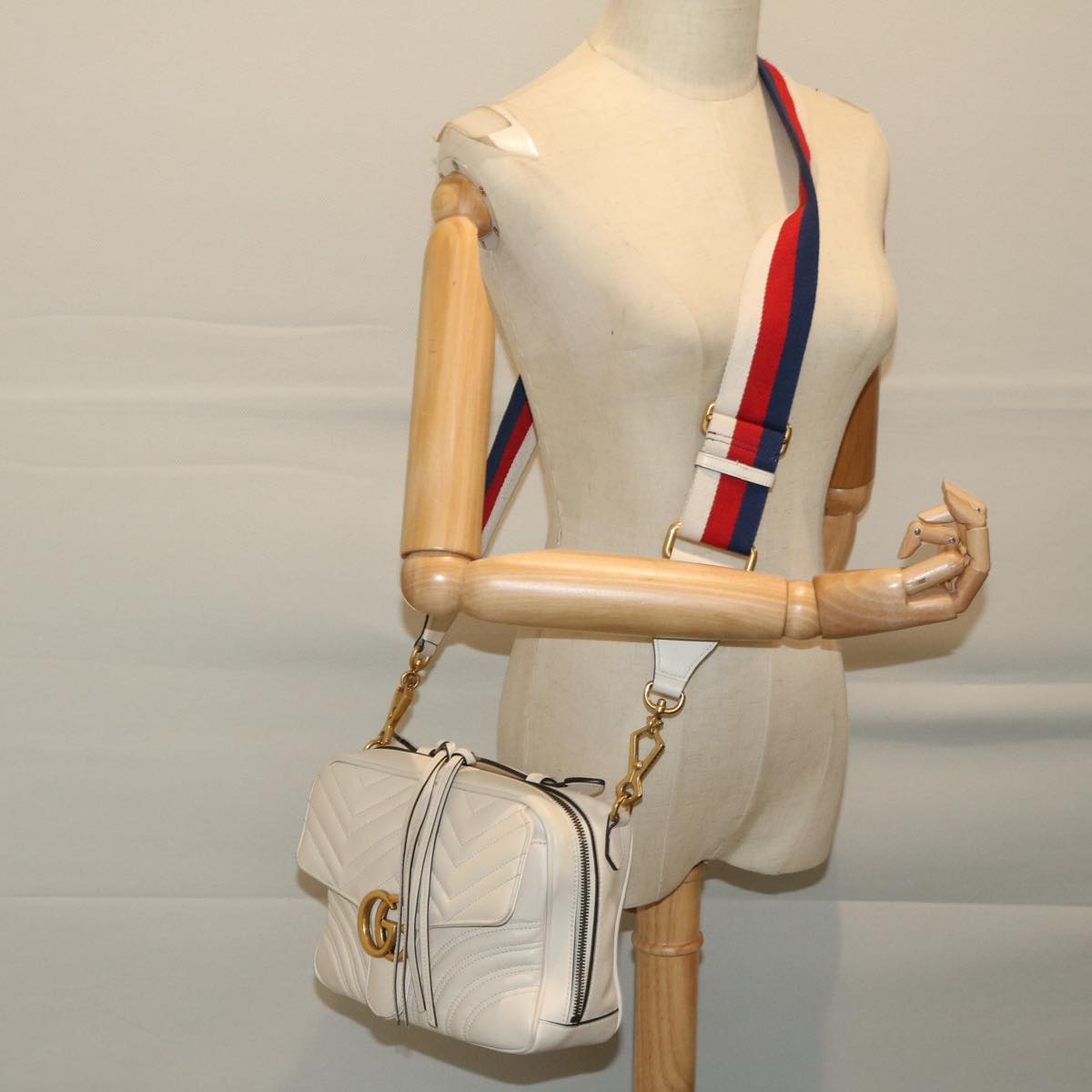 GUCCI GG Mormant Sherry Line Shoulder Bag Leather White 498100 Auth bs12555