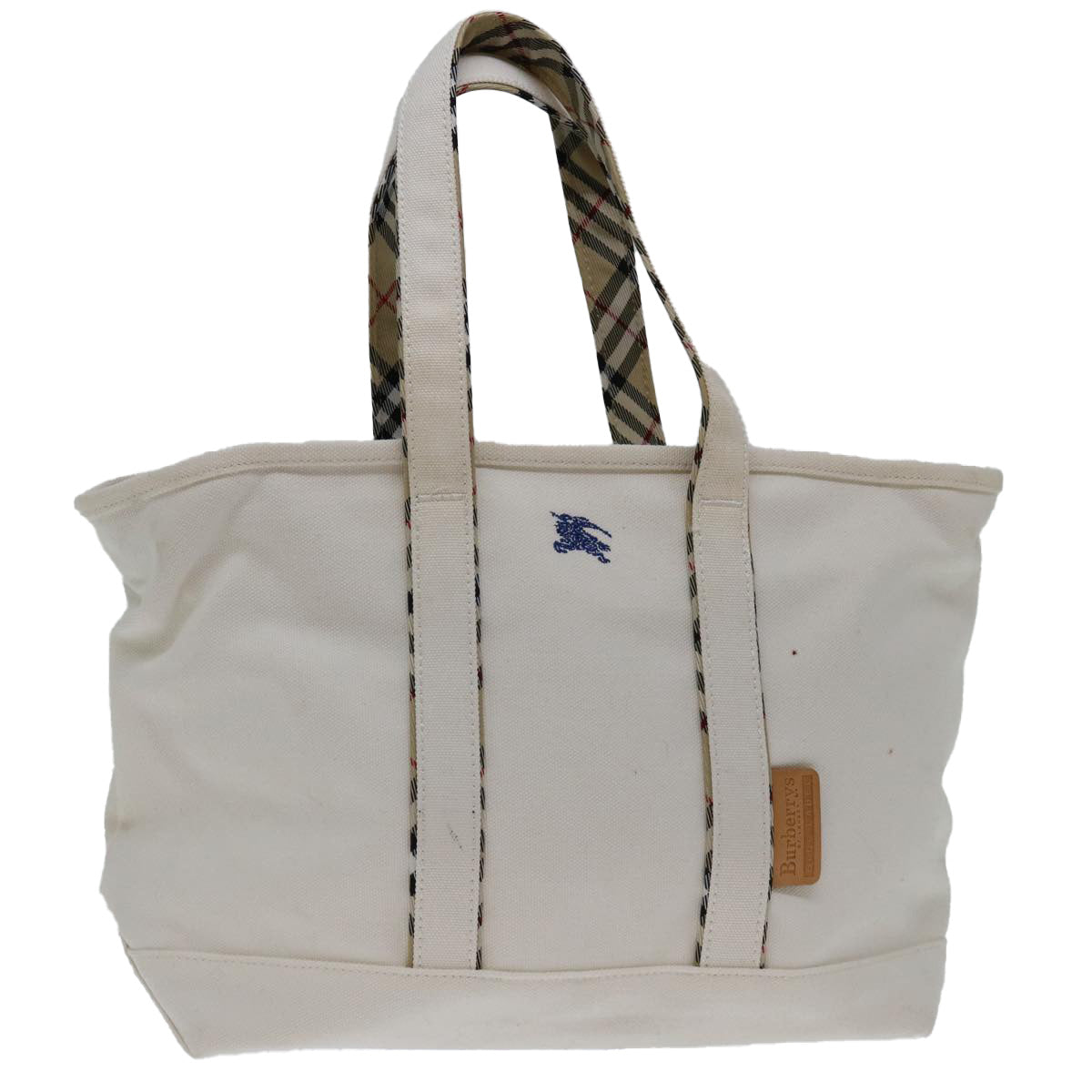 Burberrys Nova Check Blue Label Tote Bag Canvas White Beige Auth bs12787