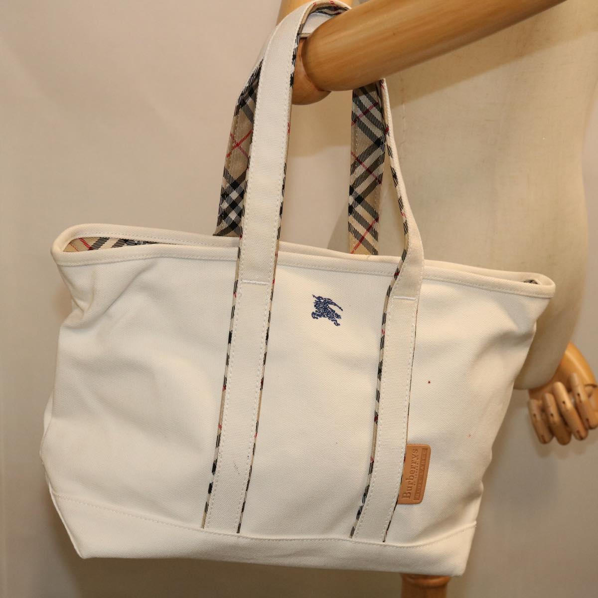 Burberrys Nova Check Blue Label Tote Bag Canvas White Beige Auth bs12787