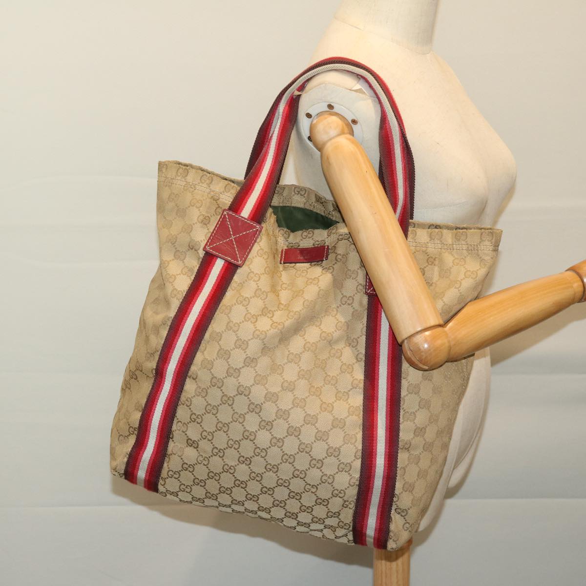 GUCCI GG Canvas Sherry Line Tote Bag Beige Red 189669 Auth bs12890