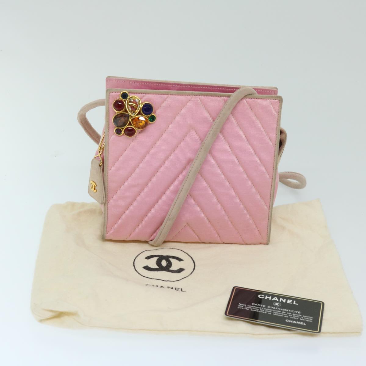 CHANEL V Stitch Stone Shoulder Bag Canvas Pink CC Auth bs12895