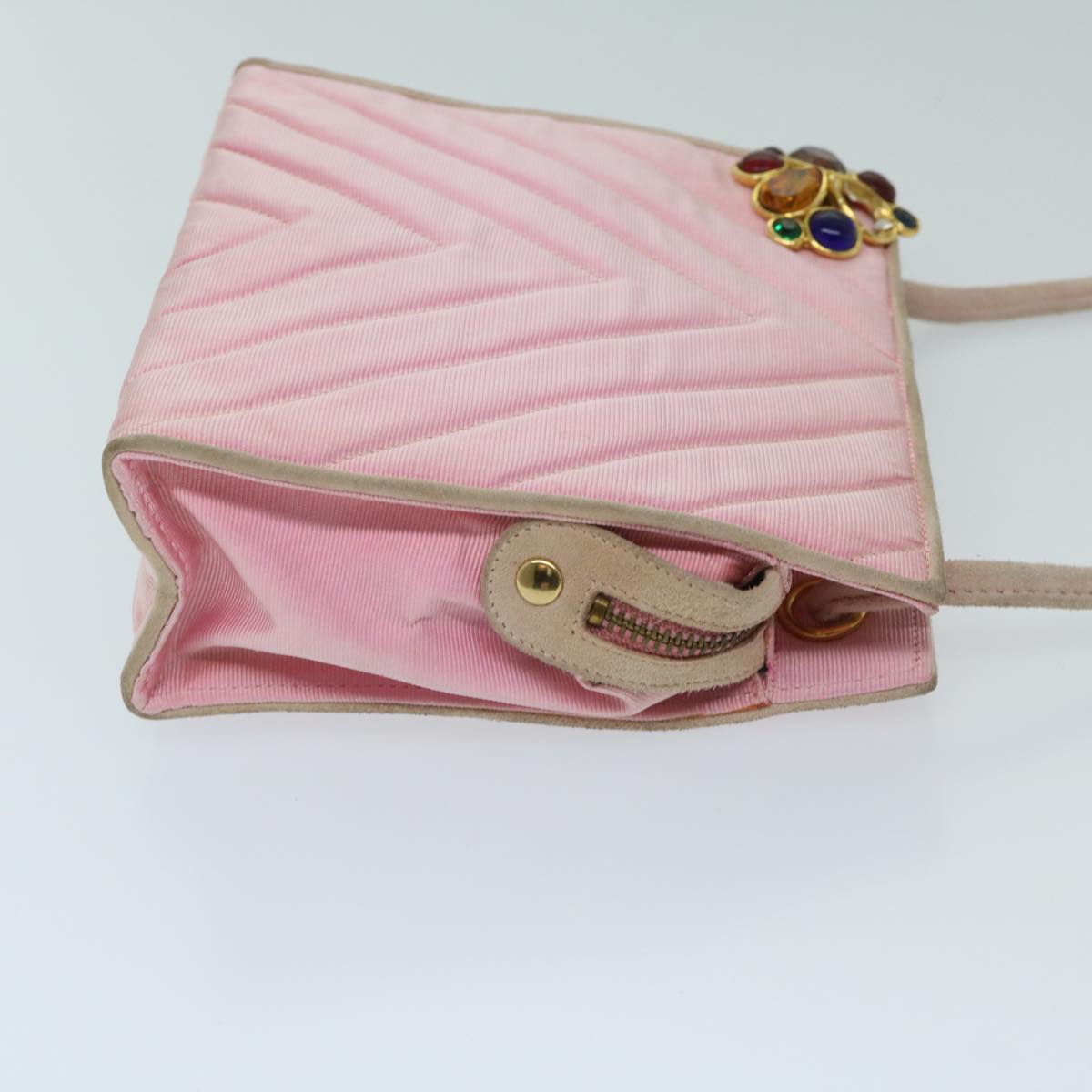 CHANEL V Stitch Stone Shoulder Bag Canvas Pink CC Auth bs12895