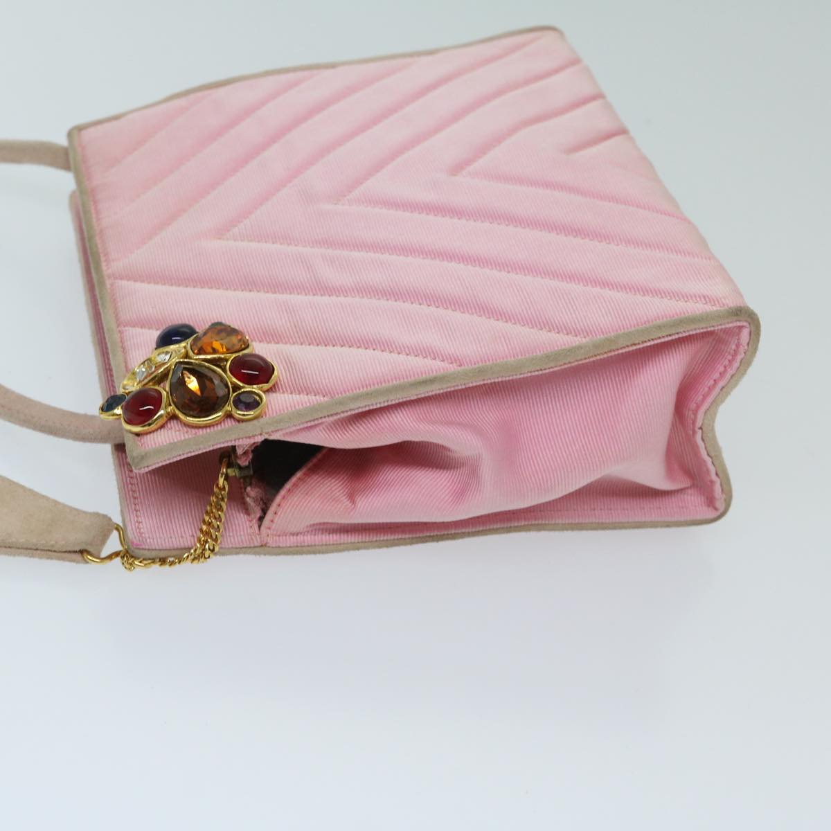 CHANEL V Stitch Stone Shoulder Bag Canvas Pink CC Auth bs12895